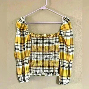 Lucky Brand Plaid Puff Sleeves Victorian Top in Yellow Size M Cottagecore Y2K